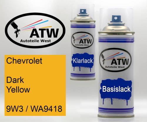 Chevrolet, Dark Yellow, 9W3 / WA9418: 400ml Sprühdose + 400ml Klarlack - Set, von ATW Autoteile West.